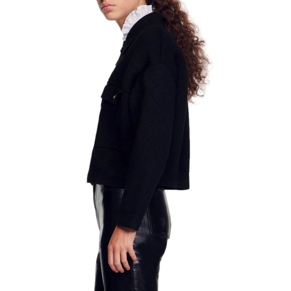 SANDRO Marcel Cable Knit Cropped Cardigan Black Quilted Texture Gold Hardware Sm - Picture 10 of 11